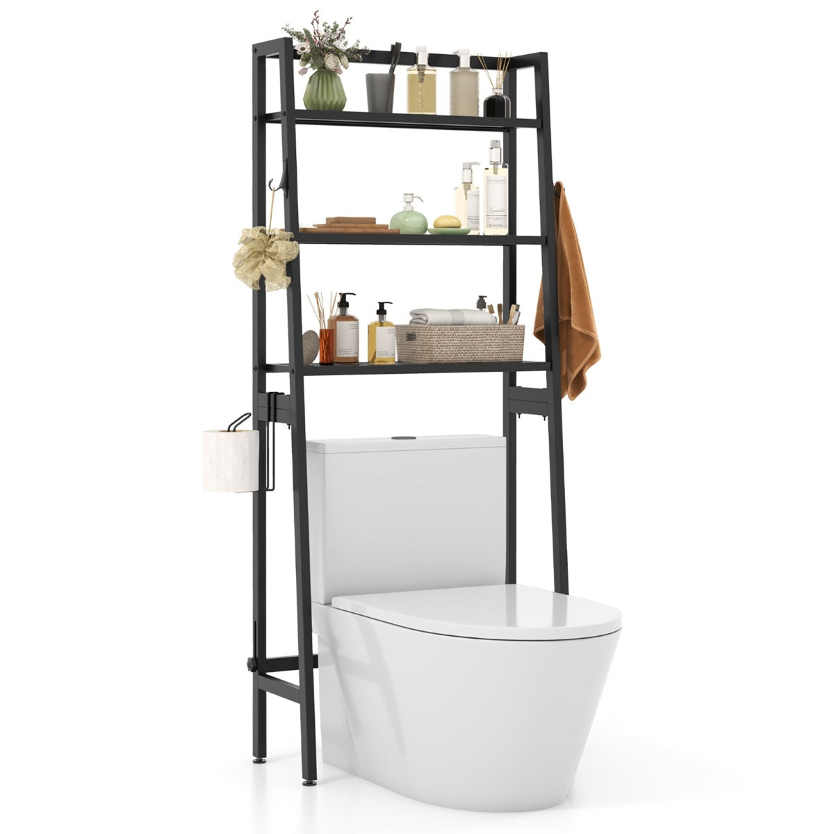 Toilettenregal, Toilettenregal Freistehend, Badezimmerregal mit verstellbaren Regalen, 65 x 28 x 159 cm Schwarz, Costway