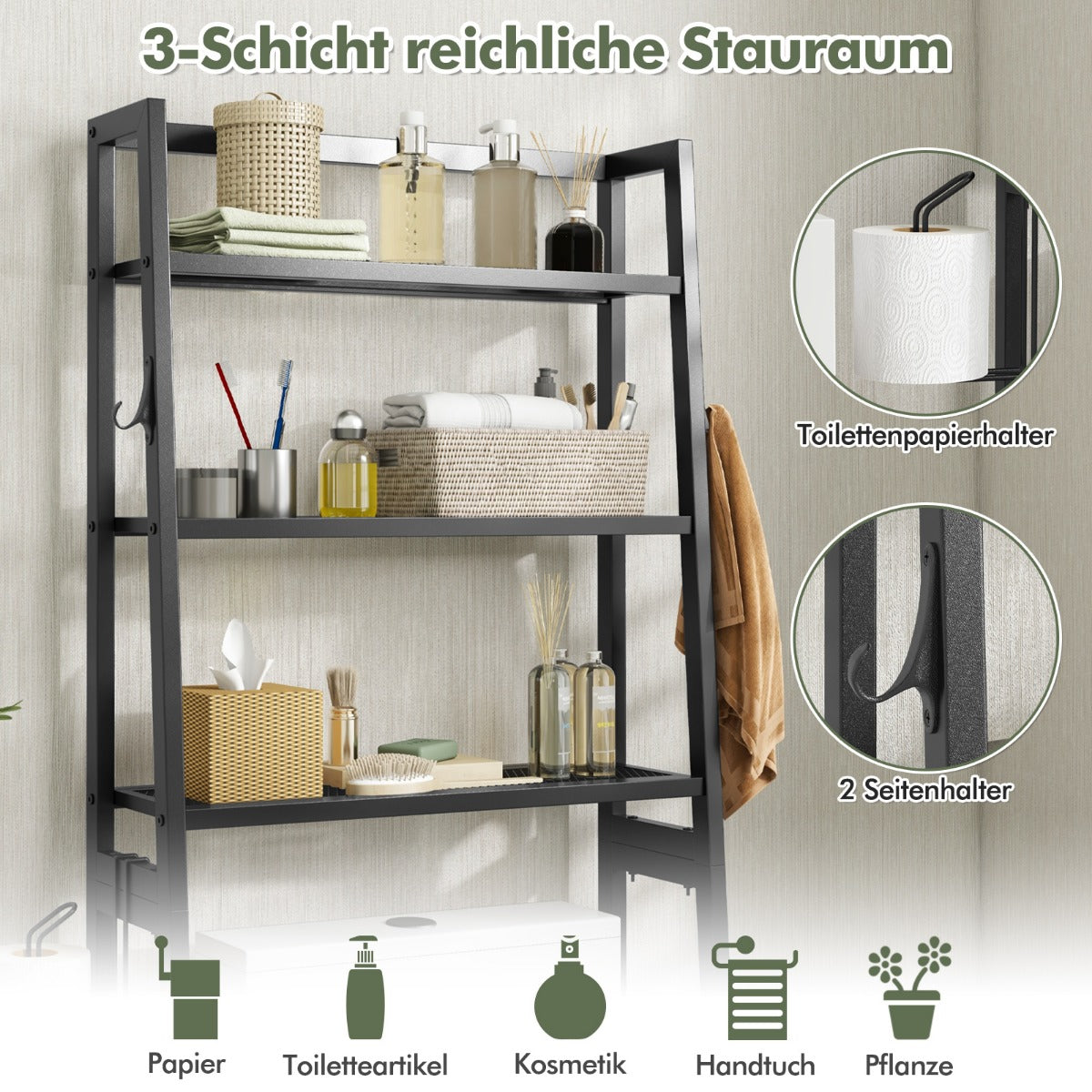 Toilettenregal, Toilettenregal Freistehend, Badezimmerregal mit verstellbaren Regalen, 65 x 28 x 159 cm Schwarz, Costway, 2