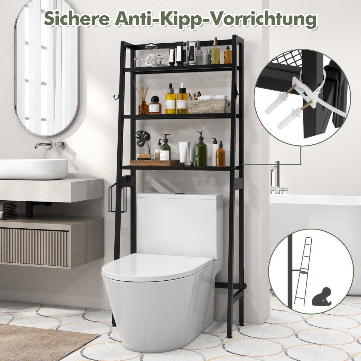 Toilettenregal, Toilettenregal Freistehend, Badezimmerregal mit verstellbaren Regalen, 65 x 28 x 159 cm Schwarz, Costway, 1