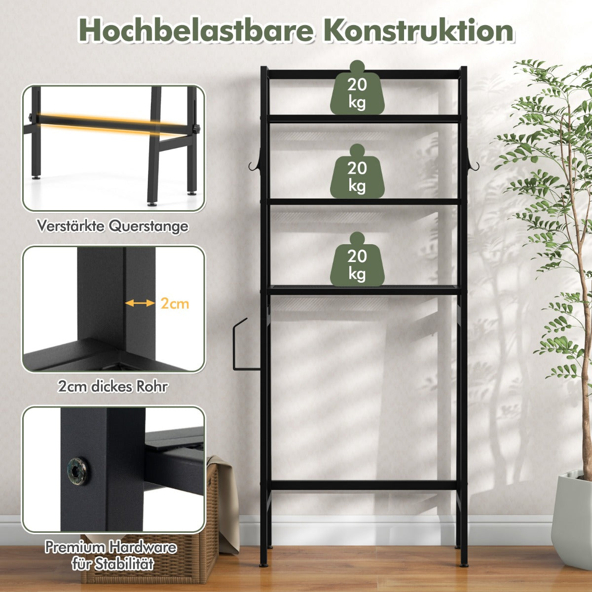 Toilettenregal, Toilettenregal Freistehend, Badezimmerregal mit verstellbaren Regalen, 65 x 28 x 159 cm Schwarz, Costway, 3