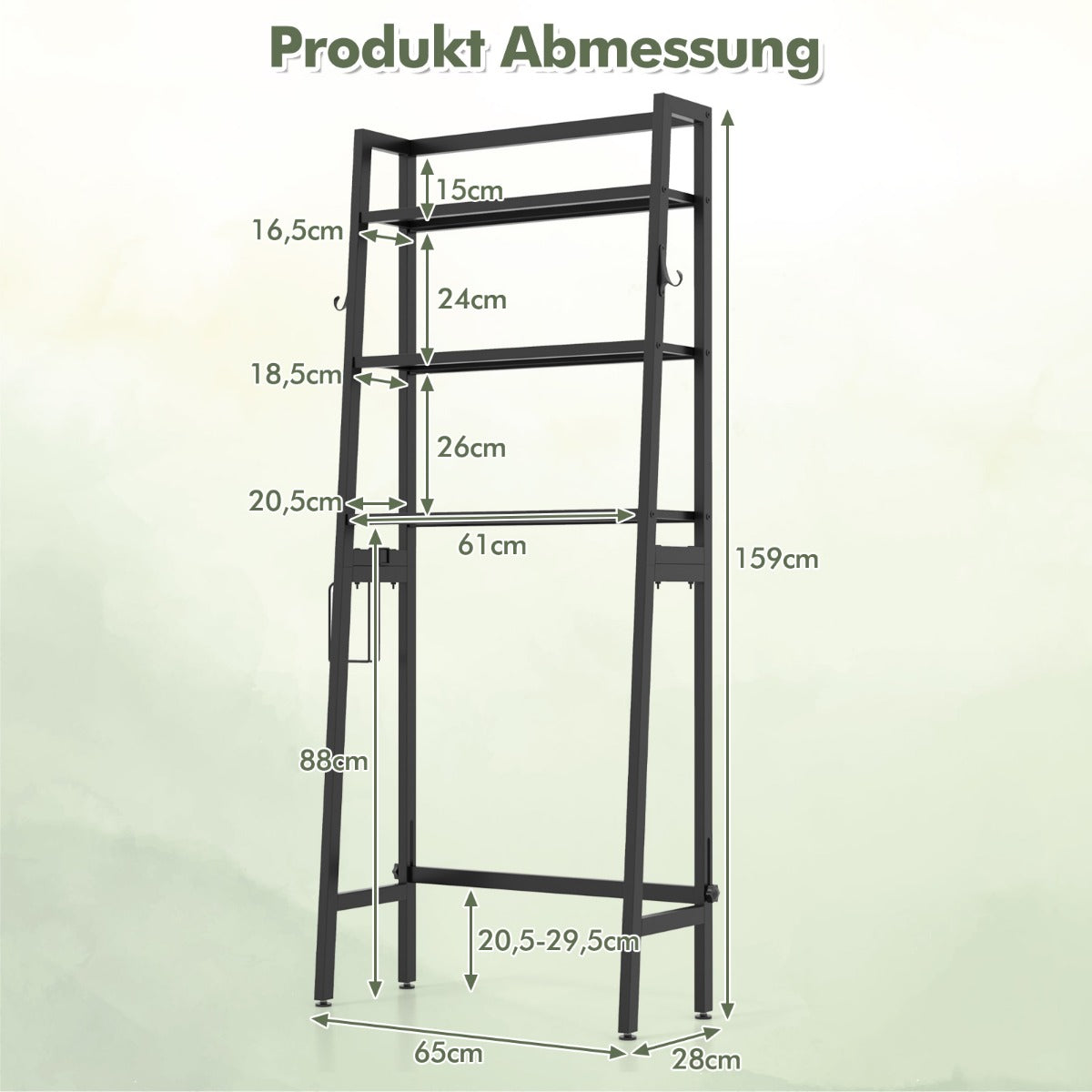 Toilettenregal, Toilettenregal Freistehend, Badezimmerregal mit verstellbaren Regalen, 65 x 28 x 159 cm Schwarz, Costway, 5