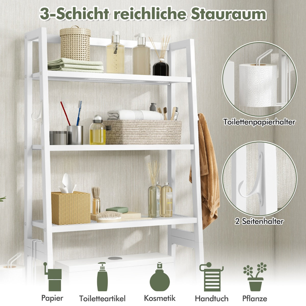 Costway - Toilettenregal freistehend Badezimmerregal mit verstellbaren Regalen 65 x 28 x 159 cm Weiß