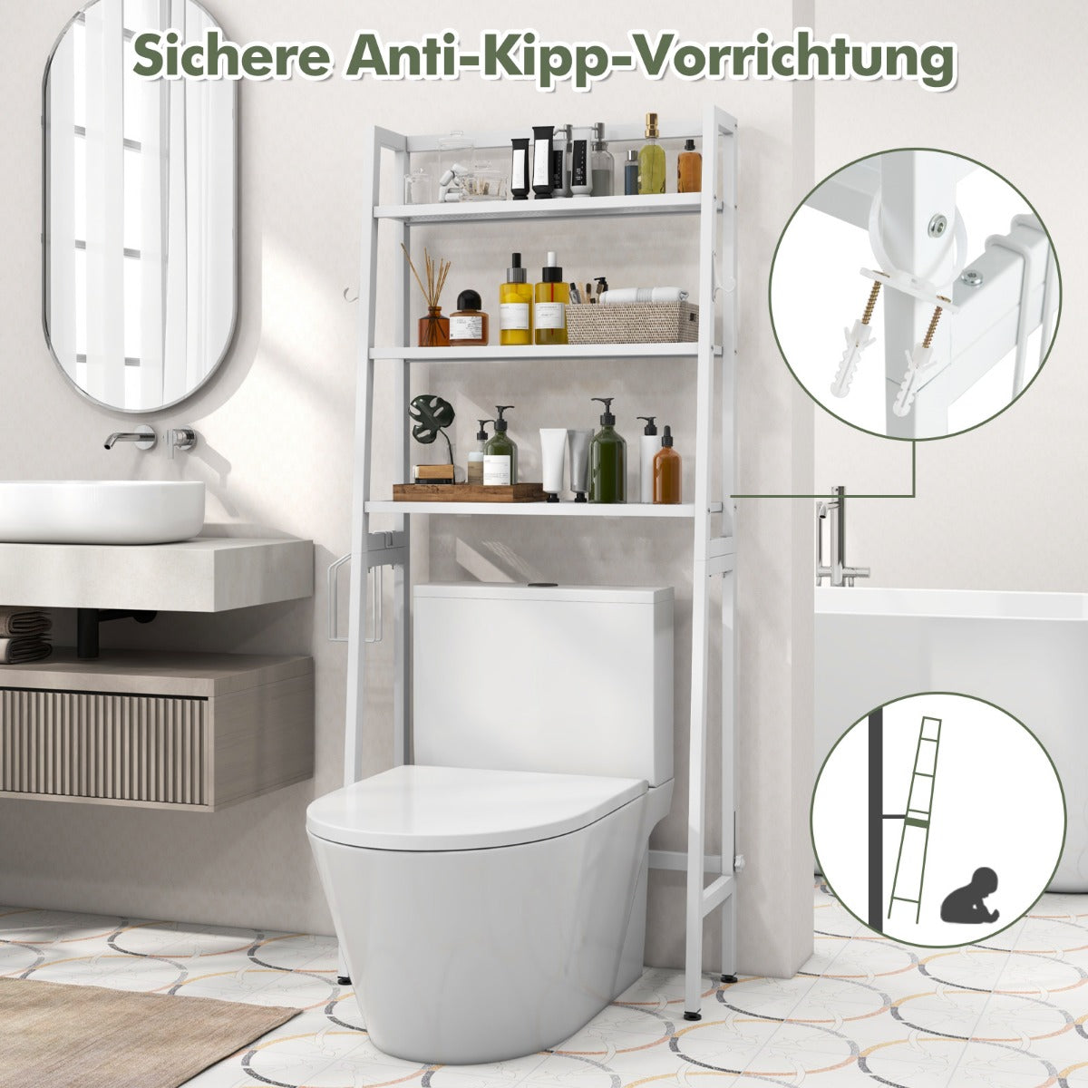 Toilettenregal freistehend Badezimmerregal mit verstellbaren Regalen 65 x 28 x 159 cm Weiß, Costway, 1