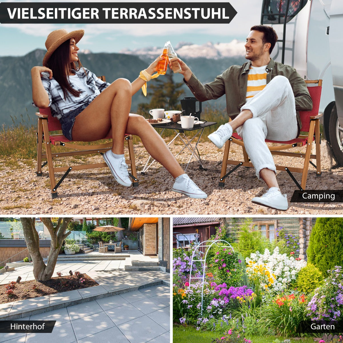 Campingstuhl, Klappbarer Campingstuhl, Tragbarer Niedriger Terrassenstuhl, 56 x 54,5 x 65 cm, Rot, Costway, 2