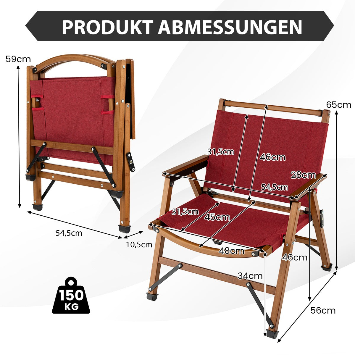 Campingstuhl, Klappbarer Campingstuhl, Tragbarer Niedriger Terrassenstuhl, 56 x 54,5 x 65 cm, Rot, Costway,4