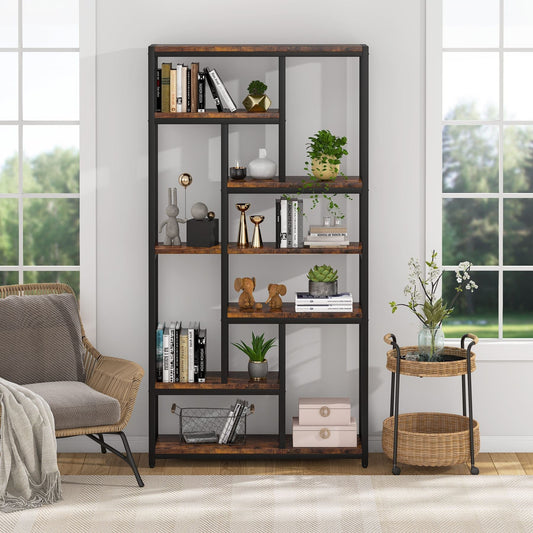 Bücherregal, mit 7 Ebenen, Schmales Regal, 100 x 30 x 200 cm, Bücherständer, Standregal mit Stahlrahmen, Freistehendes Regal, Braun, Tribesigns, 3