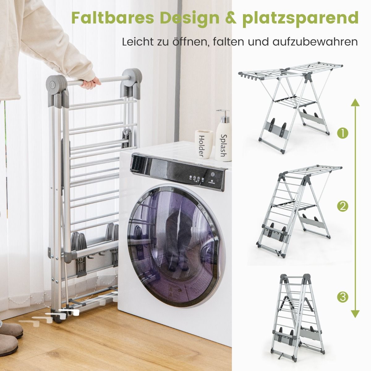 Wäscheständer klappbar, mit 5-stufiger Höhenverstellung, Wäscheständer platzsparend, Silber, Costway, 3