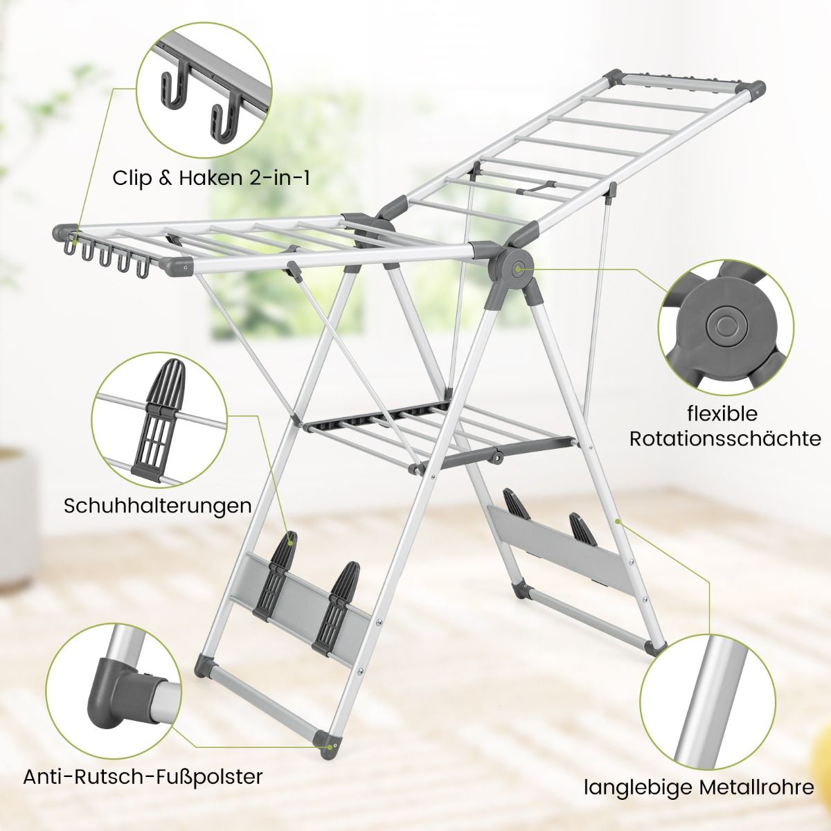 Wäscheständer klappbar, mit 5-stufiger Höhenverstellung, Wäscheständer platzsparend, Silber, Costway, 6