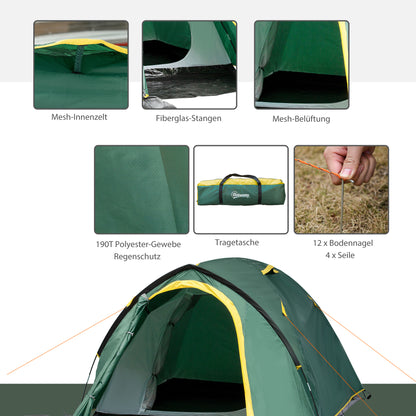 Outsunny - Kuppelzelt 2-3 Personen 190T Glasfaser Polyester Grün+Gelb 325x183x130cm Heringe
