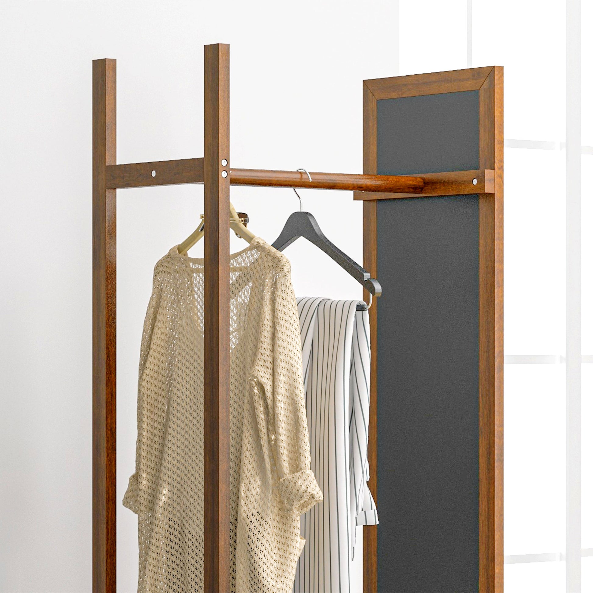 Standspiegel, Garderobe mit Spiegel, Kleiderständer Holz, Ganzkörperspiegel, Kleiderständer auf rollen, 3 Ebenen, Kiefernholz, HOMCOM, 8