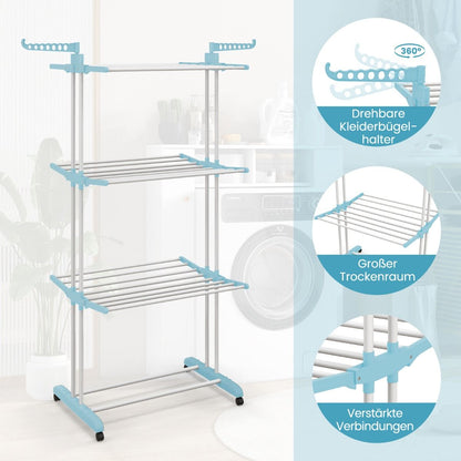 Wäscheständer Turm, 4-stufiger Wäscheständer Klappbar, mit rollen, Wäscheständer hoch, Wäscheständer balkon, Blau, Costway, 8