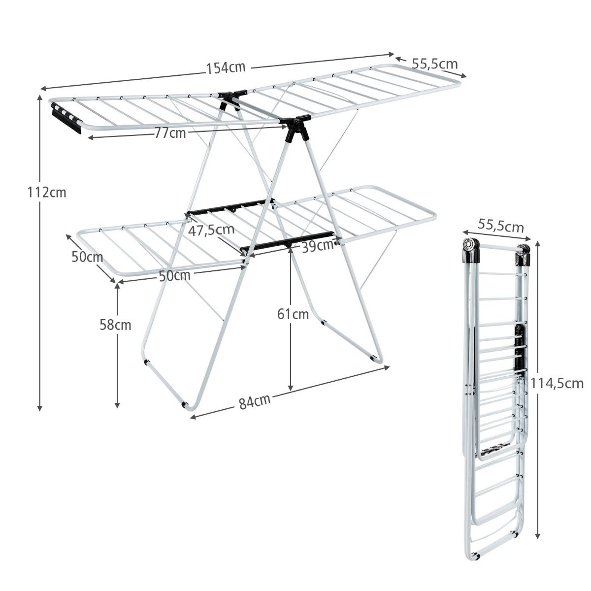 Wäscheständer klappbar, 2-Stufiger, Wäscheständer platzsparend, mit Höhenverstellbaren Flügeln,Wäscheständer balkon, Weiß, Costway, 4