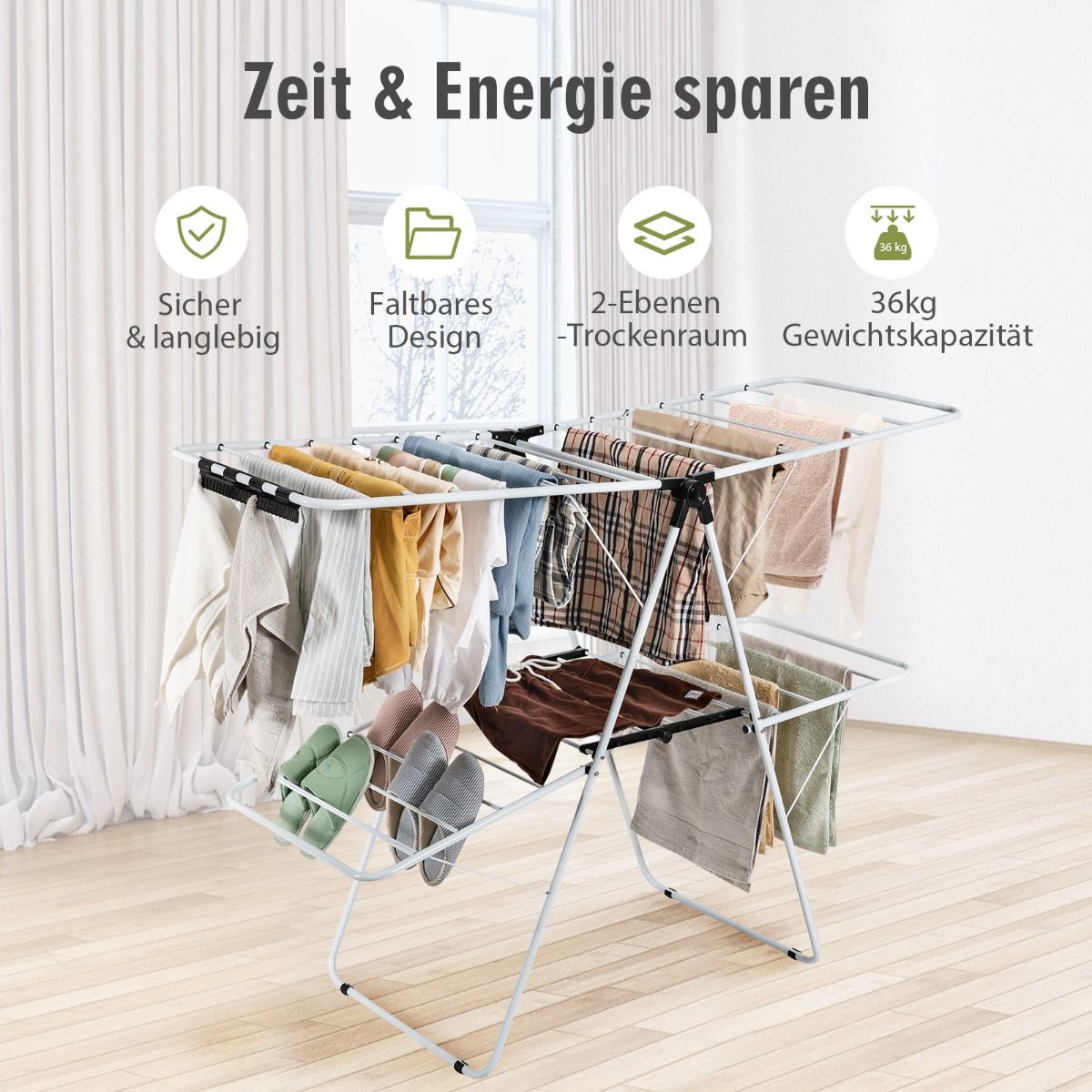 Wäscheständer klappbar, 2-Stufiger, Wäscheständer platzsparend, mit Höhenverstellbaren Flügeln,Wäscheständer balkon, Weiß, Costway, 5