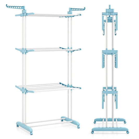 Wäscheständer Turm, 4-stufigen, Wäscheständer Klappbar, mit drehbaren Seitenflügeln, wäscheständer balkon, mit rollen, Blau, Costway, 4