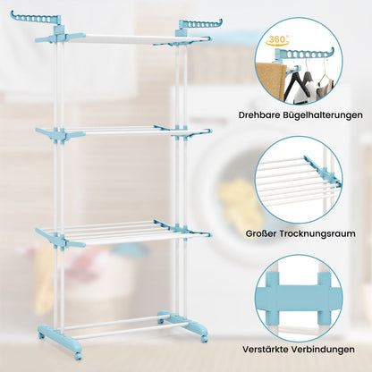 Wäscheständer Turm, 4-stufigen, Wäscheständer Klappbar, mit drehbaren Seitenflügeln, wäscheständer balkon, mit rollen, Blau, Costway, 9
