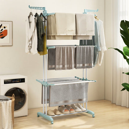 Wäscheständer Turm, 4-stufigen, Wäscheständer Klappbar, mit drehbaren Seitenflügeln, wäscheständer balkon, mit rollen, Blau, Costway, 10