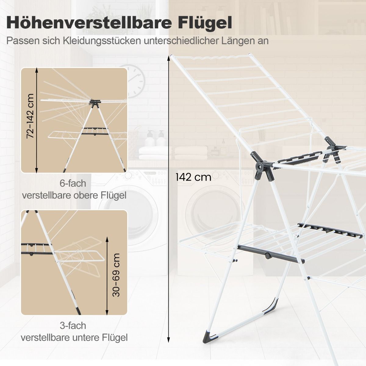 Wäscheständer klappbar, mit 2-stufigem Trockenbere, Höhenverstellbare Flügel, Weiß, Costway, 5