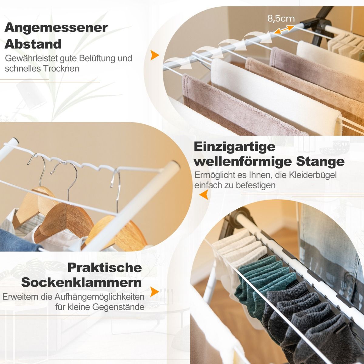 Wäscheständer klappbar, mit 2-stufigem Trockenbere, Höhenverstellbare Flügel, Weiß, Costway, 6