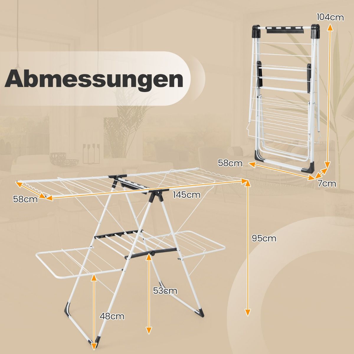 Wäscheständer klappbar, mit 2-stufigem Trockenbere, Höhenverstellbare Flügel, Weiß, Costway, 4