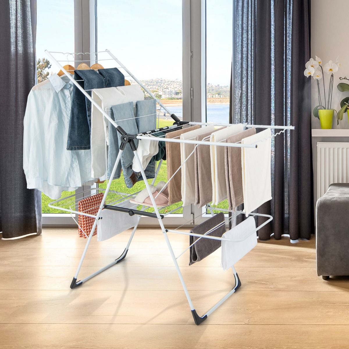 Wäscheständer klappbar, mit 2-stufigem Trockenbere, Höhenverstellbare Flügel, Weiß, Costway, 8