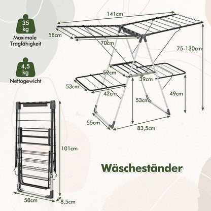 Wäscheständer Klappbar, 2-stöckiger, mit 33 Stäben, Höhenverstellbaren Flügeln, Wäscheständer platzsparend, Costway, 3