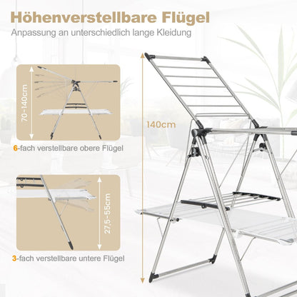 Wäscheständer, mit kleiderstange 2-stufiger, Wäscheständer balkon, Edelstahl, Wäscheständer stabil, Silber, Costway, 5