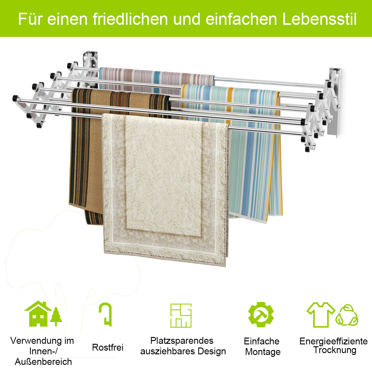 Wäscheständer, Wäscheständer ausziehbar, Wäscheständer Wand, Wäscheständer Wand Klappbar, aus Edelstahl, Costway, 2