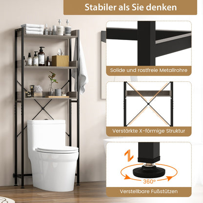 Toilettenregal, 3-stufiges Toilettenregal mit 4 Haken & Verstellbaren Füßen Platzsparendes, Badregal, Grau, Costway, 1