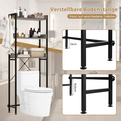 Toilettenregal, 3-stufiges Toilettenregal mit 4 Haken & Verstellbaren Füßen Platzsparendes, Badregal, Grau, Costway, 3