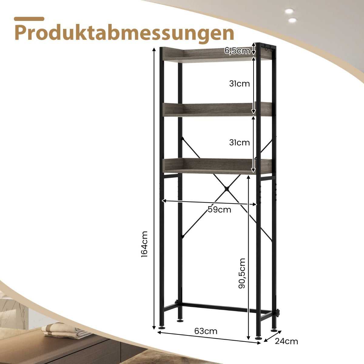 Toilettenregal, 3-stufiges Toilettenregal mit 4 Haken & Verstellbaren Füßen Platzsparendes, Badregal, Grau, Costway, 6