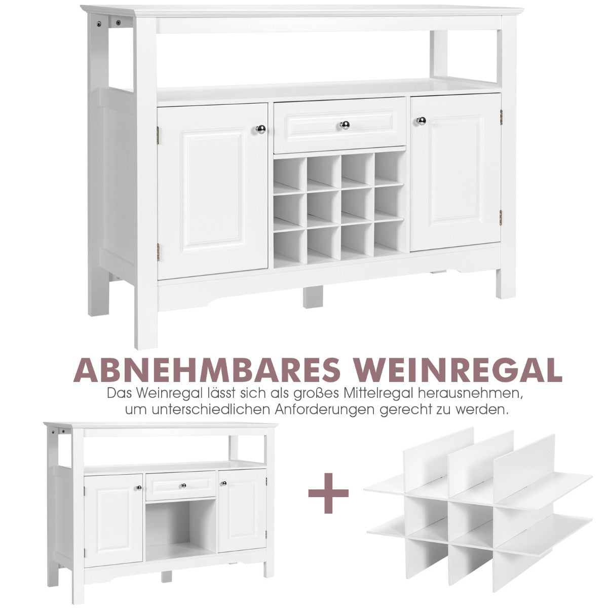 Sideboard, Modernes Esszimmerbuffet mit Kreuzförmigem, Weinregal, Flaschenregal, Regal 2 Schränken & Schublade, Costway, 2