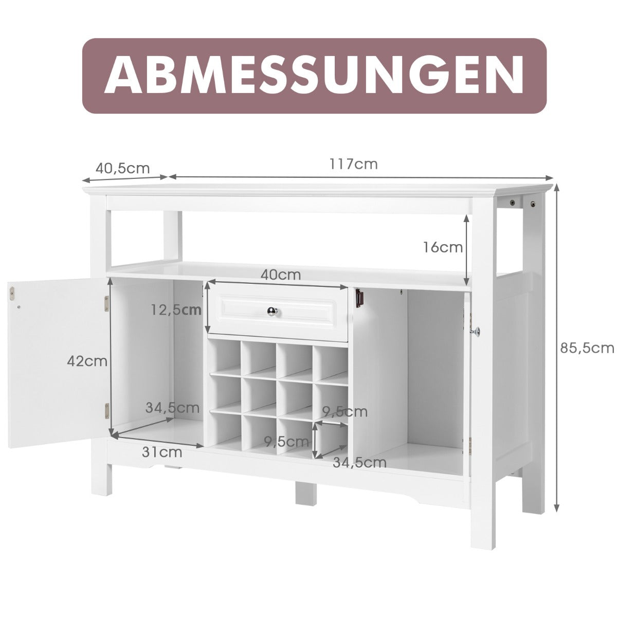 Sideboard, Modernes Esszimmerbuffet mit Kreuzförmigem, Weinregal, Flaschenregal, Regal 2 Schränken & Schublade, Costway, 7