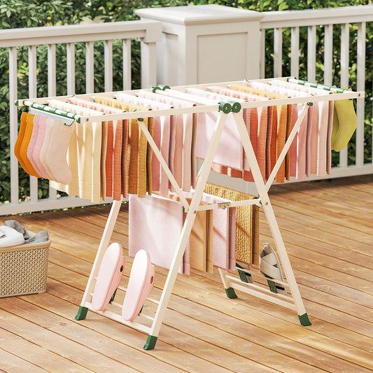 Wäscheständer klappbar, mit verstellbaren Flügeln, Sockenklammern & Schuhablage, Wäscheständer Balkon, Beige, Costway, 1