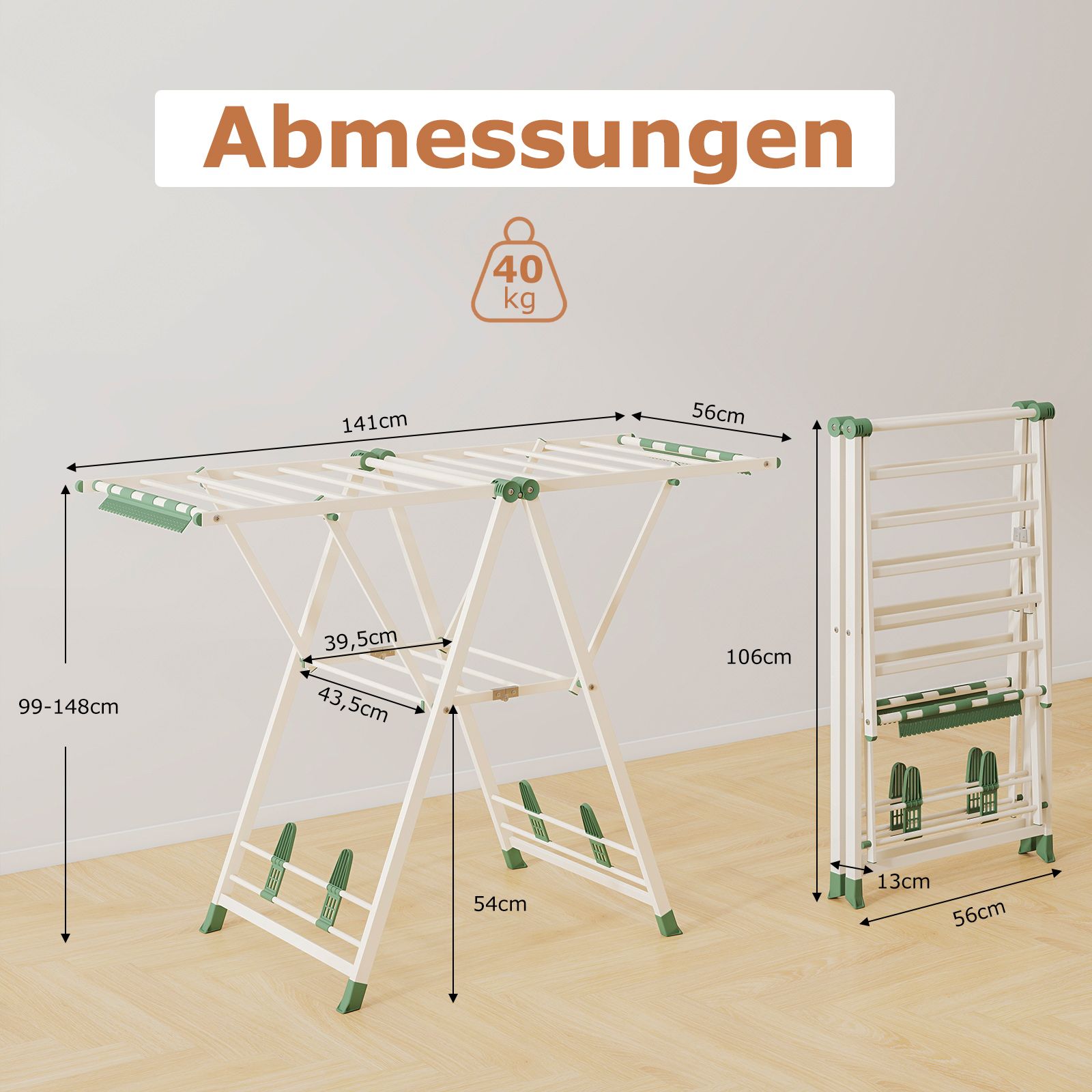 Wäscheständer klappbar, mit verstellbaren Flügeln, Sockenklammern & Schuhablage, Wäscheständer Balkon, Beige, Costway, 3