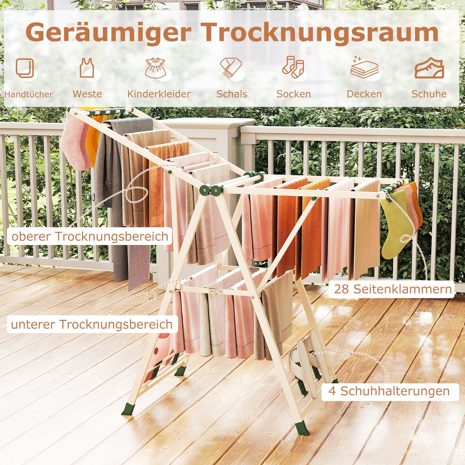 Wäscheständer klappbar, mit verstellbaren Flügeln, Sockenklammern & Schuhablage, Wäscheständer Balkon, Beige, Costway, 4