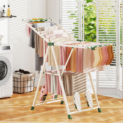 Wäscheständer klappbar, mit verstellbaren Flügeln, Sockenklammern & Schuhablage, Wäscheständer Balkon, Beige, Costway, 5