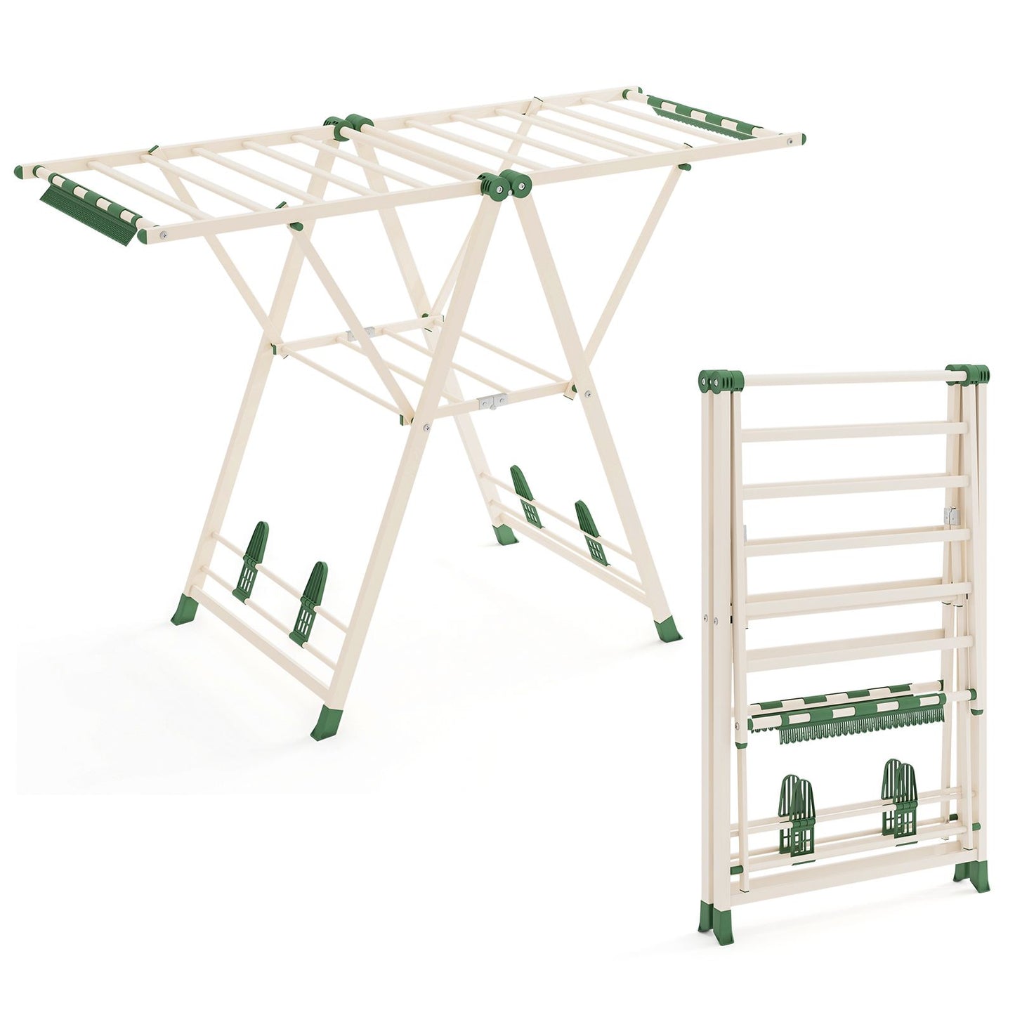 Wäscheständer klappbar, mit verstellbaren Flügeln, Sockenklammern & Schuhablage, Wäscheständer Balkon, Beige, Costway, 6