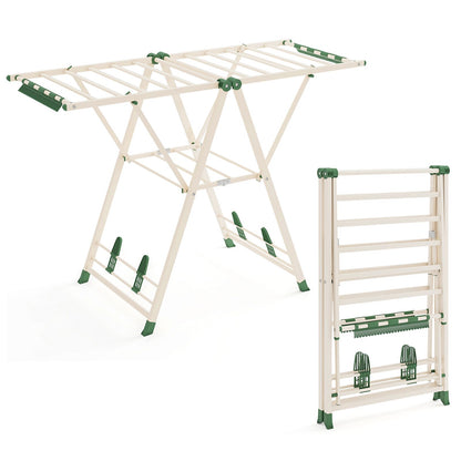 Wäscheständer klappbar, mit verstellbaren Flügeln, Sockenklammern & Schuhablage, Wäscheständer Balkon, Beige, Costway, 6
