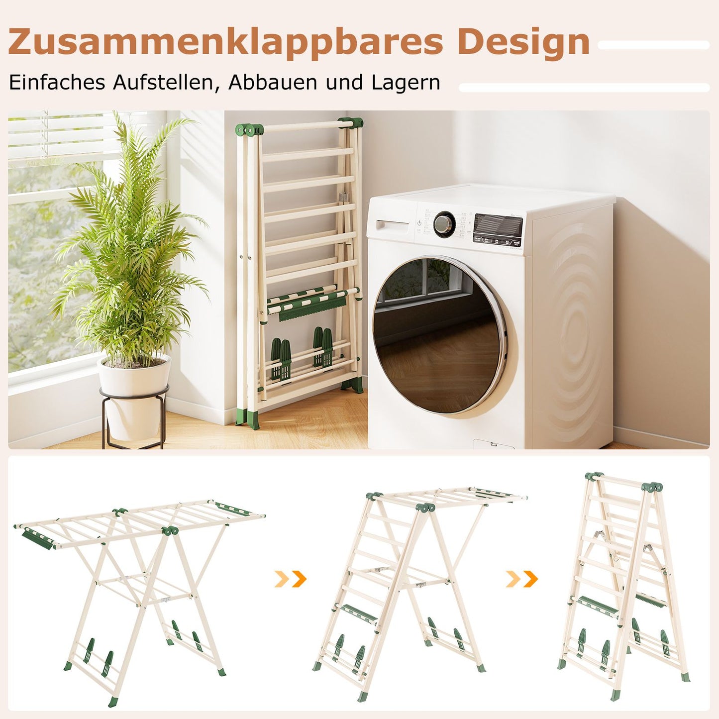 Wäscheständer klappbar, mit verstellbaren Flügeln, Sockenklammern & Schuhablage, Wäscheständer Balkon, Beige, Costway, 7