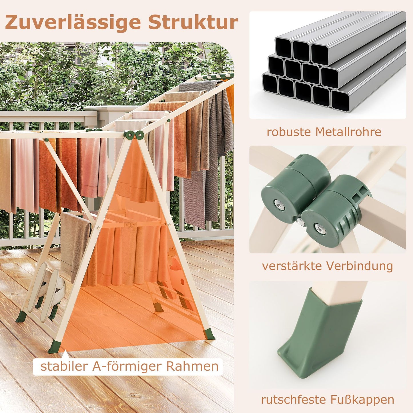 Wäscheständer klappbar, mit verstellbaren Flügeln, Sockenklammern & Schuhablage, Wäscheständer Balkon, Beige, Costway, 8