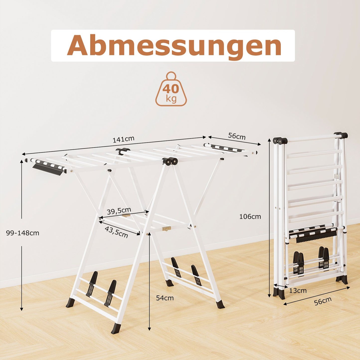 Wäscheständer klappbar, mit verstellbaren Flügeln, Wäscheständer balkon, Wäscheständer Platzsparend, Weiß, Costway, 3