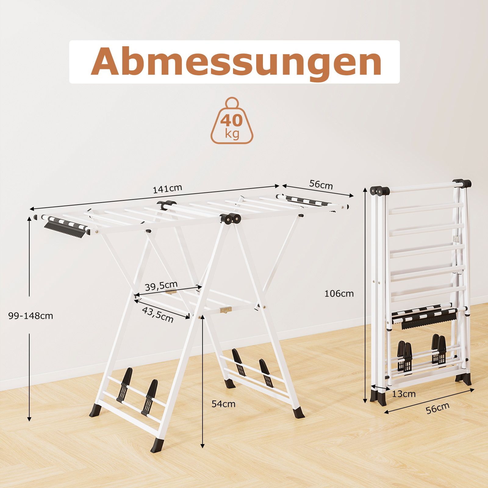 Wäscheständer klappbar, mit verstellbaren Flügeln, Wäscheständer balkon, Wäscheständer Platzsparend, Weiß, Costway, 3