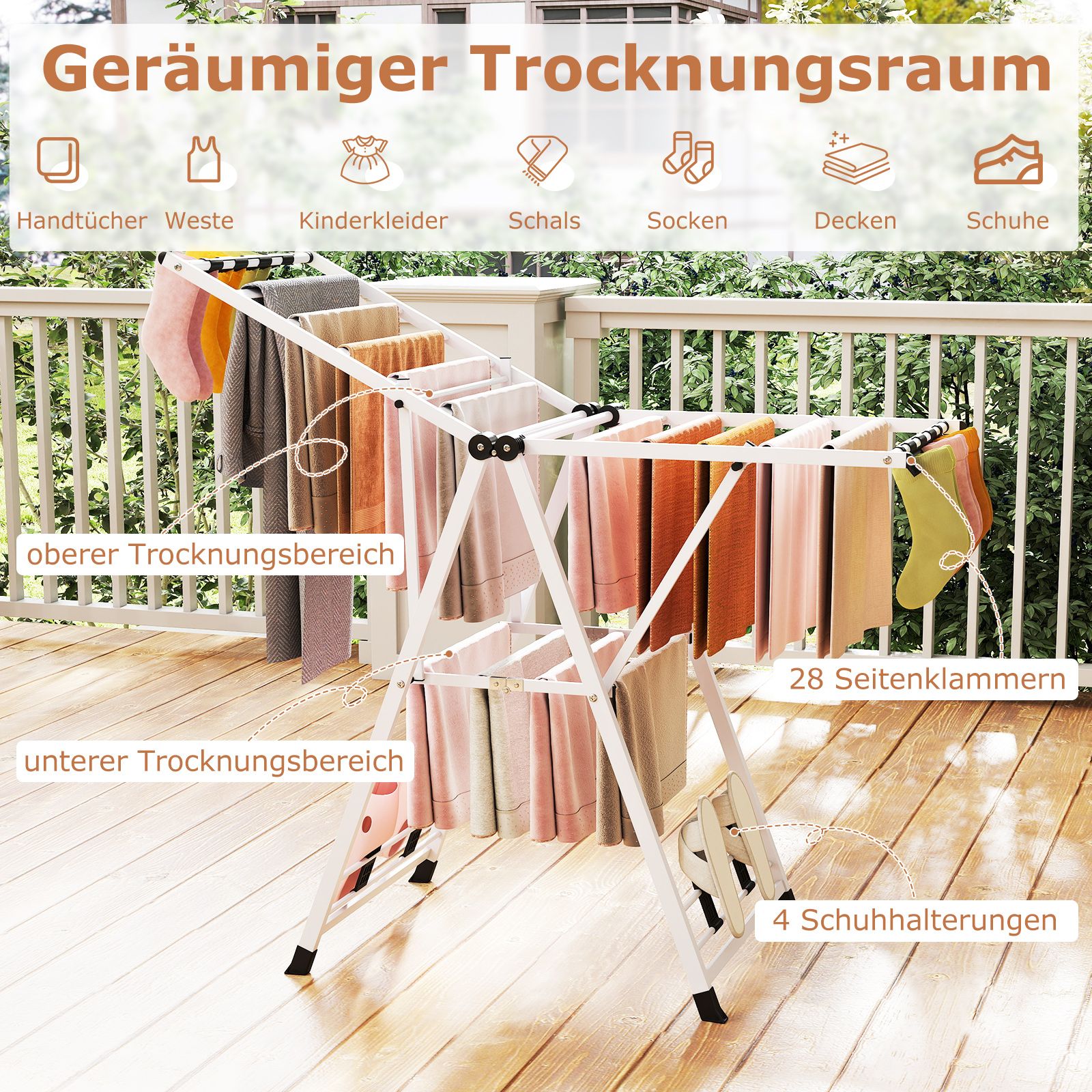 Wäscheständer klappbar, mit verstellbaren Flügeln, Wäscheständer balkon, Wäscheständer Platzsparend, Weiß, Costway, 4