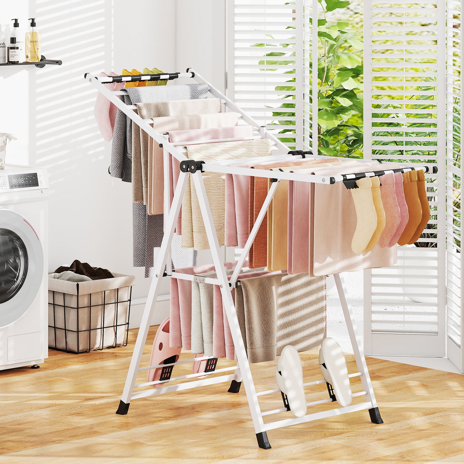 Wäscheständer klappbar, mit verstellbaren Flügeln, Wäscheständer balkon, Wäscheständer Platzsparend, Weiß, Costway, 5