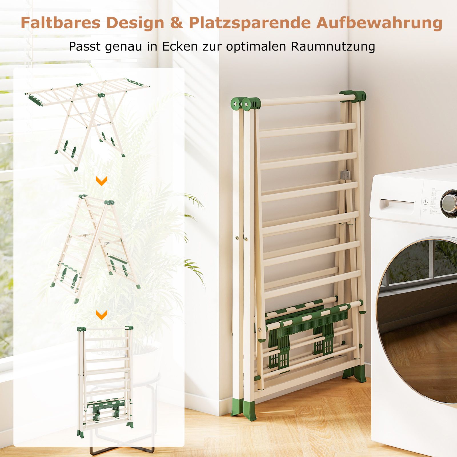 wäscheständer platzsparend, Wäscheständer klappbar, mit verstellbaren Flügeln, Lange 163 cm, Beige, Costway, 5
