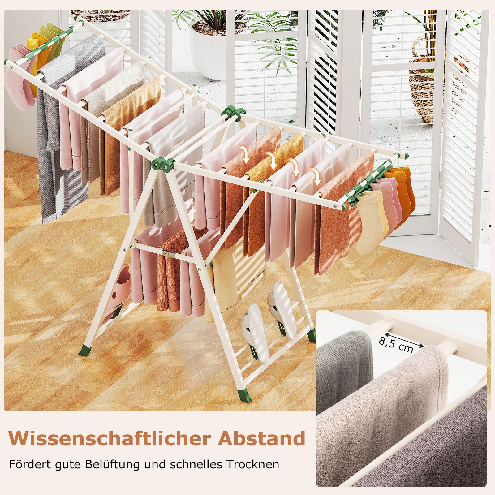 wäscheständer platzsparend, Wäscheständer klappbar, mit verstellbaren Flügeln, Lange 163 cm, Beige, Costway, 6