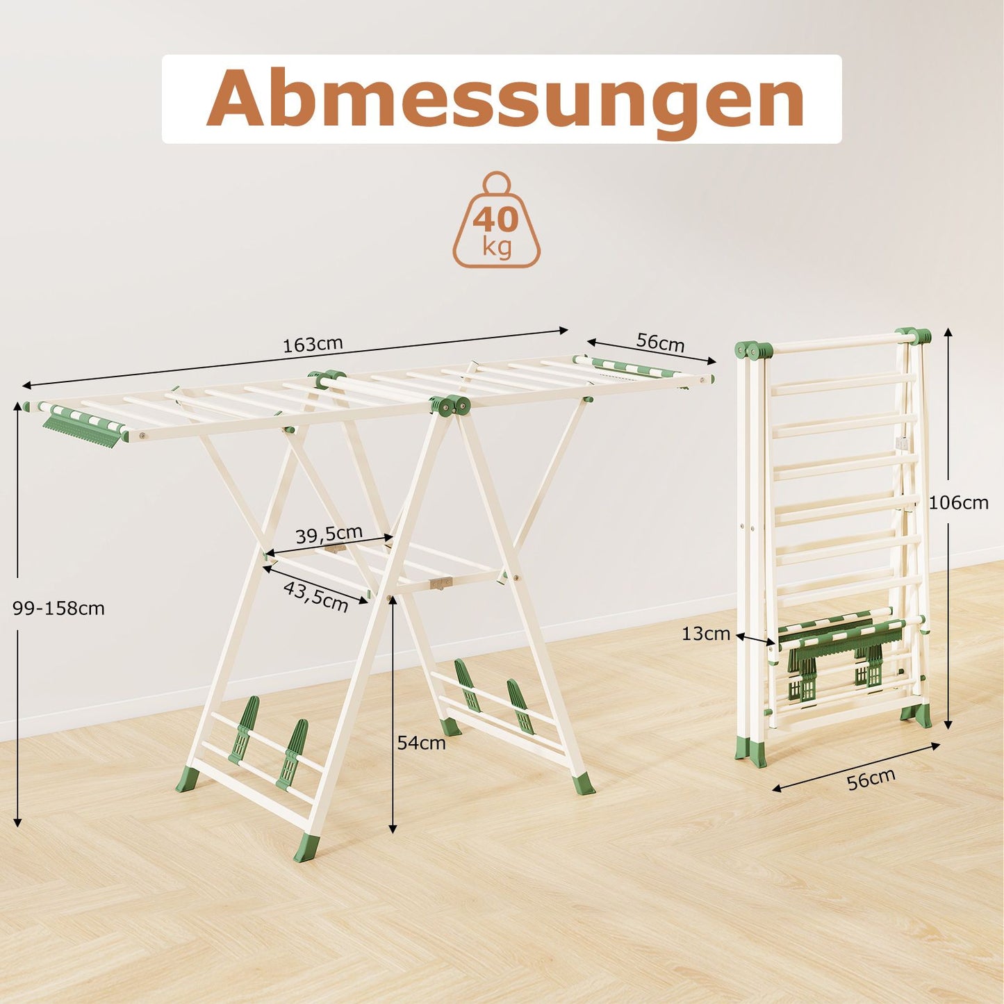 wäscheständer platzsparend, Wäscheständer klappbar, mit verstellbaren Flügeln, Lange 163 cm, Beige, Costway, 3