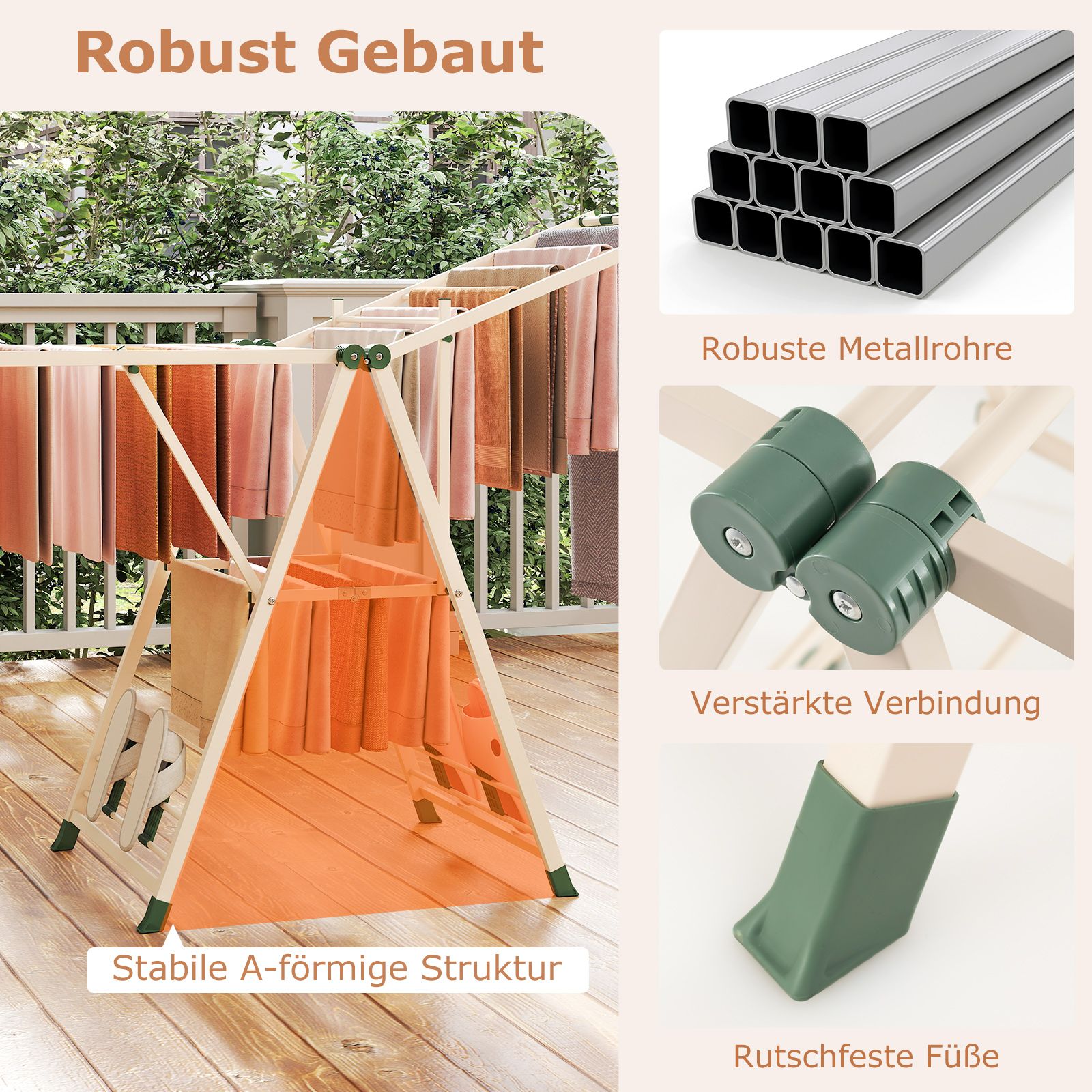 wäscheständer platzsparend, Wäscheständer klappbar, mit verstellbaren Flügeln, Lange 163 cm, Beige, Costway, 7