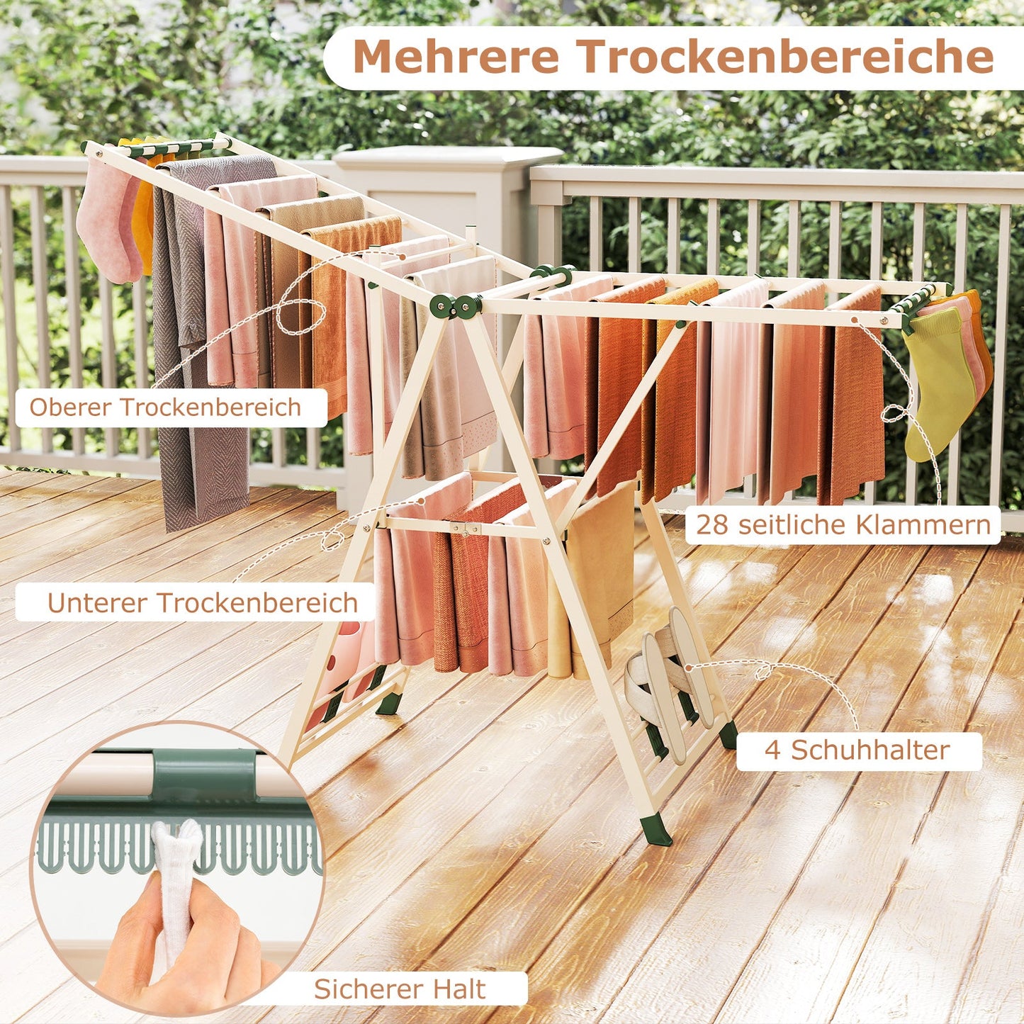Costway - Wäscheständer Platzsparend, Wäscheständer Klappbar, mit verstellbaren Flügeln, Sockenklammern & Schuhablage, Lange 163 cm, Beige