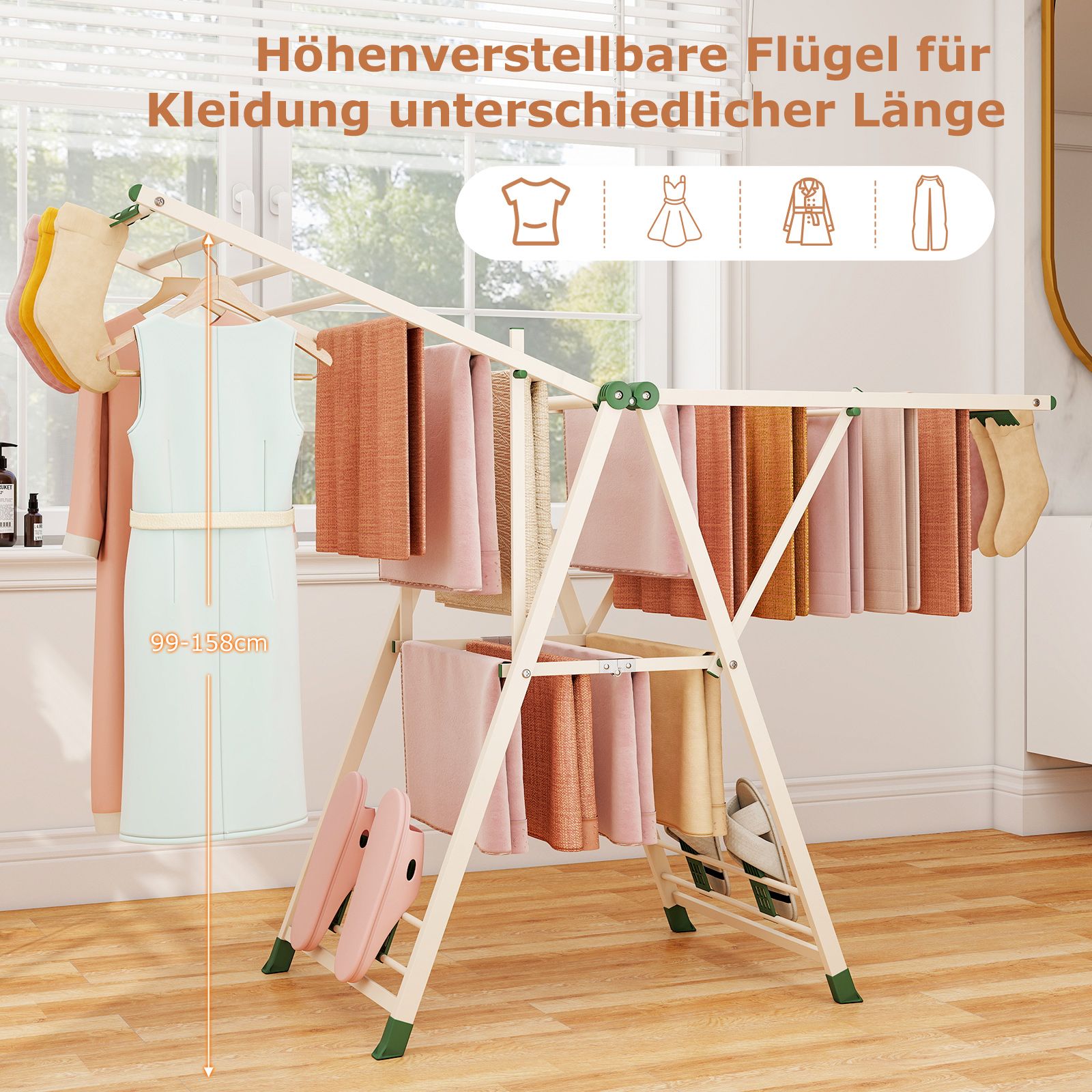 wäscheständer platzsparend, Wäscheständer klappbar, mit verstellbaren Flügeln, Lange 163 cm, Beige, Costway, 8